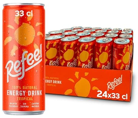 Refeel Bebida Energética 100% Natural con Cafeína Vegetal, Sabor Mango y Piña, Baja en Calorías – Pack 24 Latas x 33cl