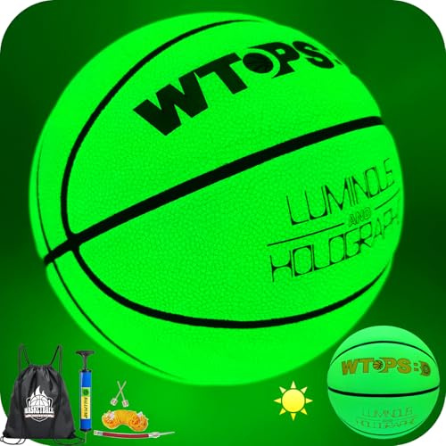 WTOPSBO Basketball-Basketball, leuchtet im Dunkeln, kühler, leuchtender Basketball mit Pumpe und Tasche, für drinnen und draußen, PU-Leder, Größe 5/6/7