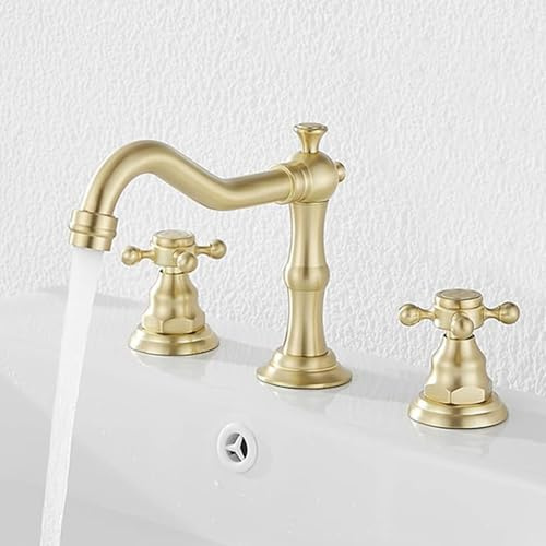 FQYEP Robinet Lavabo Salle de Bain 3 Trous Retro Robinet Lave Main Deux Poignées en Laiton,Or Brossé