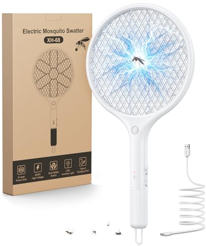 Mohard Elektrische Fliegenklatsche Extra Stark, Fliegenfänger Elektrisch | 4000V, USB-C Aufladbar mit Sicherem 3-Lagen-Gitter, LED-Licht, Leichte Mückenklatsche für Drinnen, Draußen, Zuhause & Camping