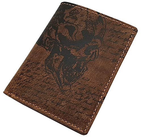 Echt Büffel-Vollleder Geldbörse / Geldbeutel / Portemonnaie / Geldtasche / Portmonee in Hoch- oder Querformat mit Totenkopf-Motiv mit RFID & NFC Schutz in 3 Farben (Modell 1 / Hochformat / Cognac)