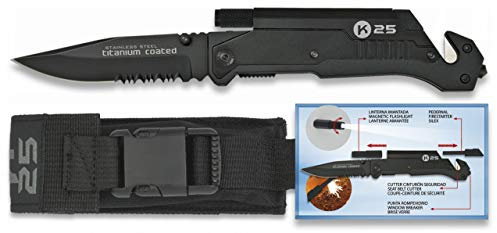 Navaja K25 Pedernal y Linterna 9 cm para Caza, Pesca, Camping, Outdoor, Supervivencia y Bushcraft K25 19265 + Portabotellas de regalo