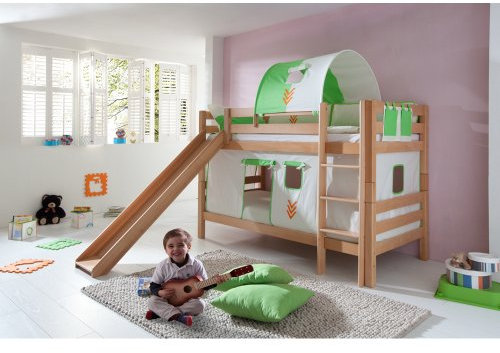 Relita Etagenbett Bill, Buche Natur massiv, mit Rutsche + Stoffset Indianer
