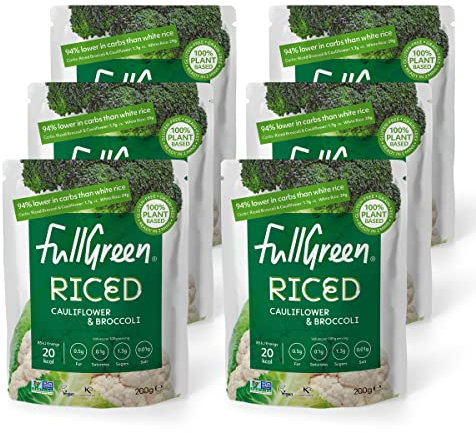 Fullgreen, Riced Cauliflower and Broccoli, 100% Veg, shelf-stable, no preservatives, vegan, keto and 87% lower-carbs than rice! - case of 6x 200g pouches - made in the UK