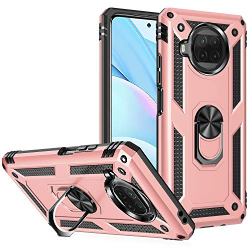 BestST Handyhülle für Xiaomi MI 10T Lite 5G + Displayschutz,Hybrid Schutzhülle Militär Standard Stoßfest Hülle 360 Grad Drehbar Ringhalter Handytasche Cover Case,Rosegold