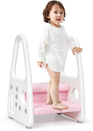 COSTWAY Kinder Tritthocker, 2 stufiger Trittschemel, Kinderschemel aus Kunststoff, Trittleiter perfekt für Kinderzimmer, Küche und Badezimmer (Rosa)