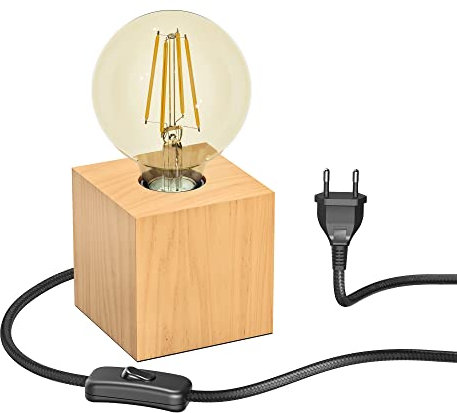 ledscom.de Tischlampe HITO, Holz massiv, eckig + LED Lampe gold max. 818lm, 3-Stufen dimmen, extra-warmweiß