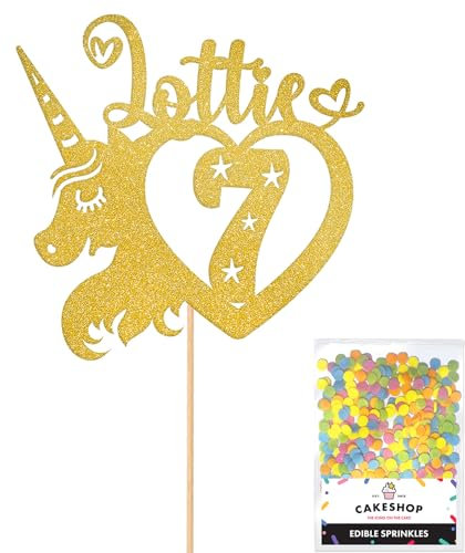 Personalised Unicorn Heart Glitter Cake Topper- Gold Any Custom Age & Name Glitter Cake Decoration and Sprinkles - Happy Birthday Decorations - Personalised Toppers for Cakes by Cakeshop