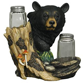 DWK Beary Best Decorative 3 Piece Spice Salt & Pepper Shaker Holder Set, Black Bear Figurine, Hunting Cabin Home Decor, Rustic Kitchen Spice Holder 6