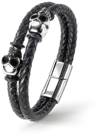 UNIQAL | Totenkopf Armband Herren aus Leder | Skull Bracelet Biker Rock Schmuck | Edelstahl Magnetverschluss | Handgemacht in Deutschland | Geschenkidee Geburtstag (DARK BONE SILVER, 21)