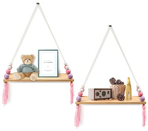 BSHAPPLUS Schweberegal, Hängendes Wandregal aus Holz, Hängeregal für Puppe, Fotorahmen, Mini-Pflanze, Hängen im Schlaf/Wohn/Arbeitszimmer, Lila Rosa, Größe: 38x14x1,3cm
