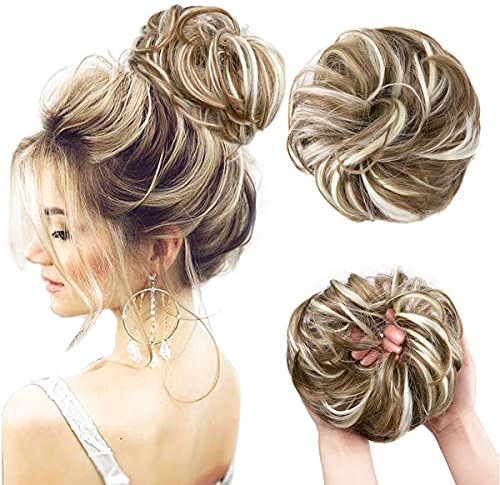 JJstar Haarteil Mit Gummiband, Groß Dutt Haarteil Gelockt Haargummi Mit Haaren Hochsteckfrisuren Haarverlängerung Messy Bun Haarteile für Damen Mädchen Pferdeschwanz (Grünbraun & Strandblond)