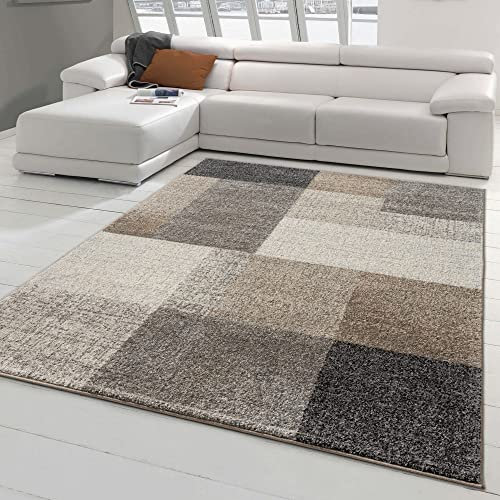 Moderner Schlafzimmer Teppich mit quadratischen Mustern in grau beige, Größe 160x220 cm