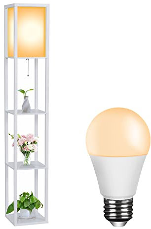 YU YUSING Lampadaire Étagère en Bois, 1.6m Lampadaire sur Pied avec 3 Étagère 4 Niveaux, Lampe de Plancher avec E27 Ampoule pour Salon Chambre Bureau, Blanc