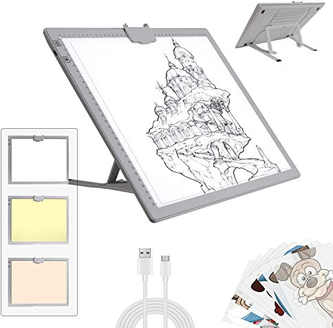 A3 Light Box, Wireless Battery LED Light Pad with Stand Rechargeable 6 Adjustable Brightness Rechargeable Tracing Light Box Pad for 5D Diamond Painting Kits Artists Drawing Sketching Animation(Gray)