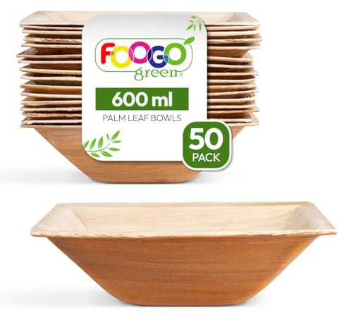 FOOGO Green 50pcs Disposable Palm Leaf Bowls, 6.5 (16.5cm) 21oz (600ml), for Soup, Desserts & Salad, Deep Square, Sturdy Eco Friendly Biodegradable, Bamboo, Wooden and Strong Paper Bowls