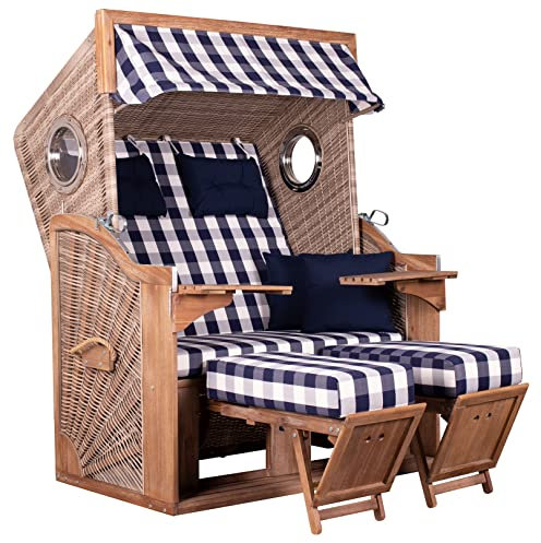 Yoursol Strandkorb Pure Greenline 135XL 743, PE, blau-beige kariert, Breite 130 cm, Akazie, extra breite Sitzfläche