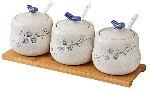 YMYL Lot de 3 pots à épices en céramique avec couvercle, cuillère et plateau, 400 ml (382,7 g) en porcelaine pour sucre, condiments, sel pour la maison, la cuisine, le café, le comptoir