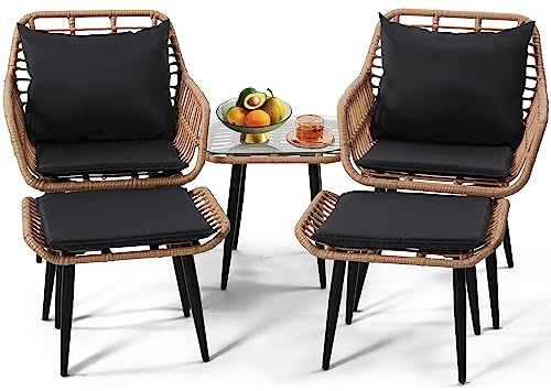 KROFEM 5 Piece Wicker Bistro Patio Conversation Furniture Set, Natural