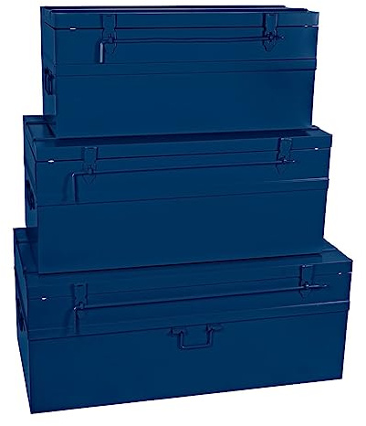 COGEX 62719 Lot de 3 Malles Métalliques Bleues Cadenassables – 70 L, 100 L et 150 L – Avec Poignées & Chaîne de Retenue – Rangement, Stockage, Déménagement, Bleu