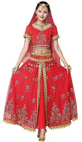 OTMYIGO Robe Bollywood Costume Adulte Femmes Ensemble de Danse Indienne Danse du Ventre Sari vêtements Danse Performance vêtements Jupe en Mousseline de Soie Ensemble,Rouge,XL