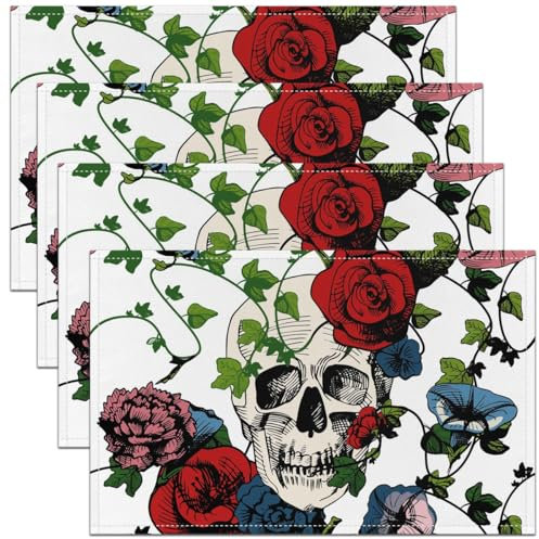 Set von 4 Zucker Schädel Tischsets 45Wx30L,Rote Rose Platzmatten,Gotische Skelett Knochen wasserdichte Tischsets,Botanische Blumen Abwischbare Tischsets,Halloween Horror Thema Tischsets Home Dekor