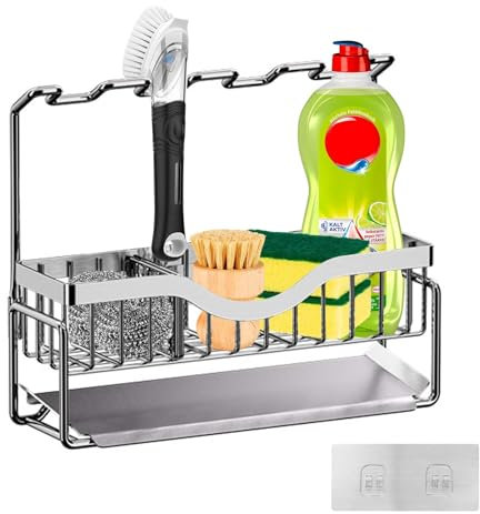 LYKTRIX Support Eponge Evier Cuisine,Organisateur Evier,Porte Éponge avec Bac de Récupération,Porte Chiffons, Organisateur Cuisine,Support Eponge en Acier Inoxydable 304-Argent