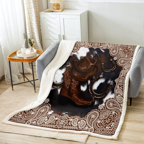 feelingyou Coperta in pile Sherpa a ferro di cavallo con stivali e cappelli da cowboy, per ragazzi, ragazze e bambini, super morbida e calda, in pelliccia di mucca, motivo cachemire, idea regalo per