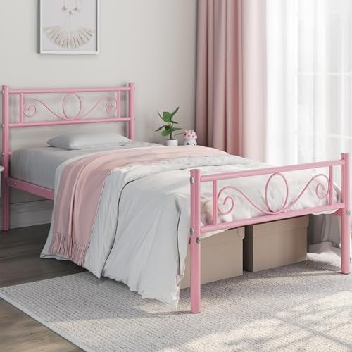 Yaheetech Letto Singolo in Ferro Battuto a Doghe Struttura Letto in Metallo 90 x 200 cm Testiera Elegante Stile Rustico Moderno Rosa