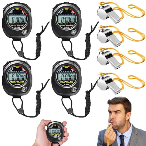 Pack de 4 chronomètres Sportifs numériques: chronomètre numérique avec sifflet en Acier Inoxydable,chronomètre numérique avec Grand Affichage,chronomètres Sportifs,chronomètre Sportif numérique pour