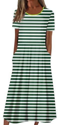 RMBLYfeiye Temu Shop Kleidung Damen Rockabilly Kleider Damen Hochzeitsgast Kleid Damen Kleider Große Größen Rundhalsausschnitt Gestreifter Druck Kurzarm Abendkleid Mit Taschen Kleid Grün (Grün, S)