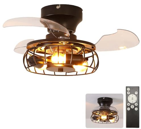 Ceiling Fans With Lights With Remote Control, Retro Industrial Black Cage Ceiling Fan Light With 6 Speed Reversible Motor E27 Bulb Base 19.6 In Light Fan Ceiling For Bedroom Living Room Kitchen, B