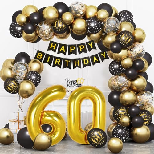 Bluelves Deko 60 Geburtstag Schwarz Gold, Luftballon 60. Geburtstag, 60 Jahr Geburtstagdeko, Happy Birthday Girlande Ballon Dekoration für Mann Frauen