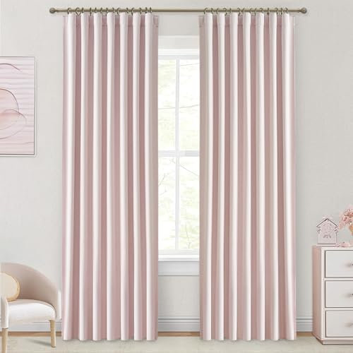 QJmydeco Lot de 2 rideaux occultants à isolation thermique avec languettes arrière/passe-tringle/crochets pour chambre de fille/chambre de fille, 127 x 228,6 cm de long, rose pâle