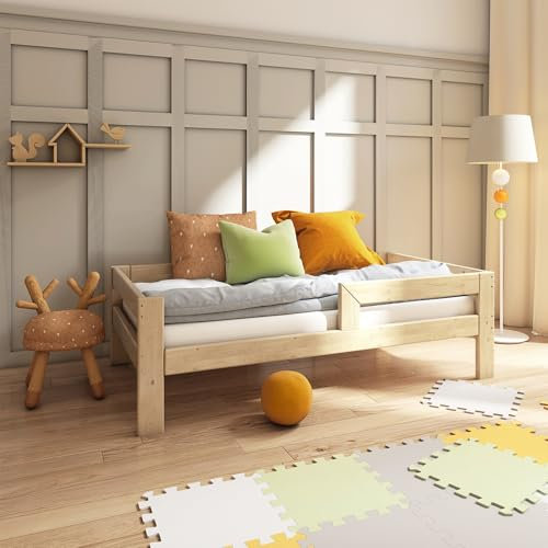 Need Sleep Montessori Bett Kinder Kinderbett 70x140 cm mit Rausfallschutz und Lattenrost Juniorbett Kleinkind Kleinkindbett Jugendbett für Mädchen und Jungen aus Holz