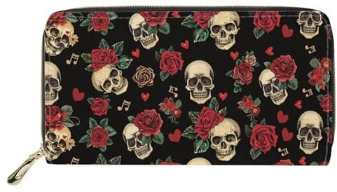 chaqlin Multi-Kreditkarten-Geldbörse für Damen, Geschenke, PU-Leder, Reiseausweis, Geldscheine und Münzen, Geldbeutel, Handyhülle, Totenkopf-Rosen-Aufdruck, Einheitsgröße, Geldklammer