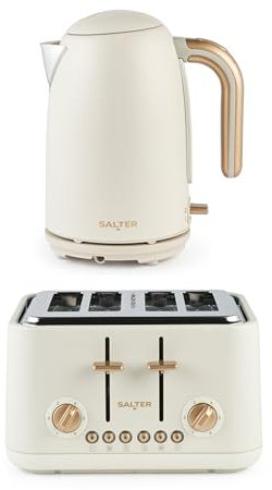 Salter Pebble Kettle & 4-Slice Toaster Set – 1.7L Fast Boil Kettle Removable Limescale Filter, Boil-Dry Protection, 4-Slice Wide Slot Toaster, 6 Browning Levels, Removable Crumb Tray, Stone