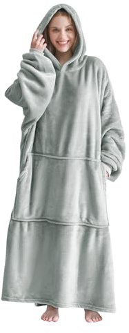 Good Nite kuscheldecke mit Ärmeln Hoodie Decke mit Ärmeln Pullover Decke Damen Kapuzenpulli in Übergröße mit Taschen Flanell Snuggle Blankets Hellgrau