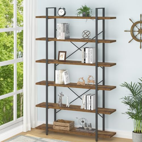 Mudmasa Bücherregal mit 6 Ebenen Holz Regal Standregal Büroregal offene Fächer Modern Metall Bücherregal für Wohnzimmer Schlafzimmer Büro Metallrahmen Regal bücher 32 x 120 x 215 cm