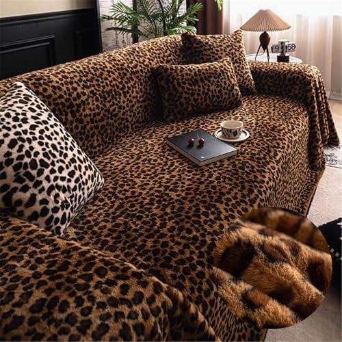 FANSU Winterliche Sofadecke überwurf Sofabezug L Form 1 2 3 4 Sitzer, Wärme Plüsch Universelle rutschfeste Couch Überzug Einteiliger Vielseitige Decke Leopardenmuster Sofadecke (180x340cm,Kaffee)
