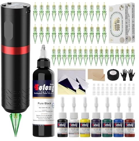 Solong Wireless Tattoo Gun Kit mit Smartem Display 40 Tattoo Cartridge Nadeln, 120 ml schwarze Tattoo Farbe Komplettset für professionelles Tätowieren SLE92KITBEU-2