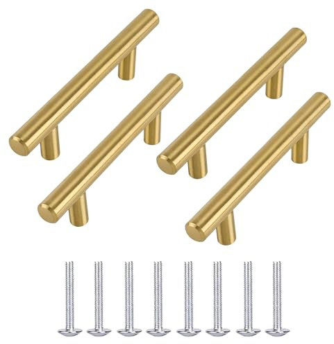 DXPETA 4 PCS 96mm Gold T Bar Kitchen Cabinet Handles, Stainless Steel & Brass, Modern Style, Easy to Install, Suitable for Cabinet, Drawer, Cupboard