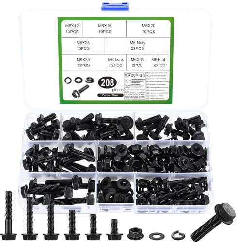 Lot de 208 vis M6 à bride, écrous à tête hexagonale et écrous, vis à tête bombée avec écrous à bride et rondelles, assortiment de vis de machine (M6)