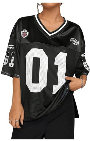 GORGLITTER Women's Letter Graphic Loose Jersey Oversized T Shirts V Neck Half Sleeve Mesh Streetwear Tops Black Large
