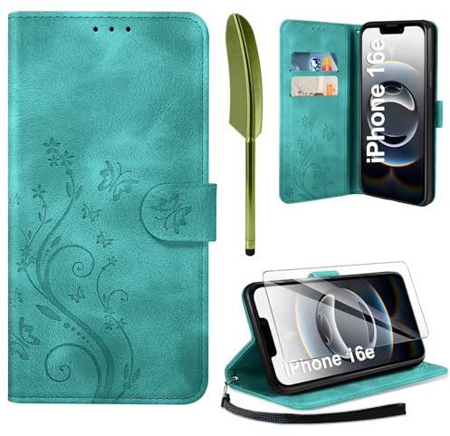 AROYI Lederhülle Kompatibel mit iPhone 17e/iPhone 16e Hülle und Schutzfolie, Flip Wallet Handyhülle PU Leder Case Schutzhülle Kompatibel mit iPhone 17e/iPhone 16e Dunkel Grün