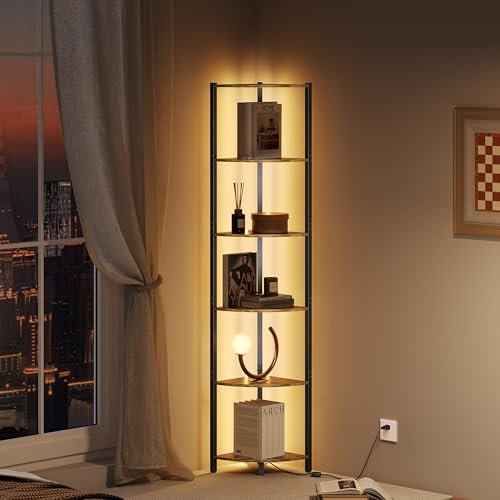 ZIYOO Eckregal mit 6 Etagen mit Licht, 165,9 cm hohe LED-Eckregale, Eckregale stehend mit Metallrahmen, Eck-Bücherregal für Schlafzimmer, Wohnzimmer, Heimbüro, Badezimmer, kleiner Raum