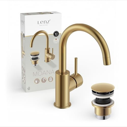 Lenz Waschtischarmatur MOANA in Gold-Optik – wassersparend dank hochwertiger Markenmischdüse – Anti-Fingerabdruck Oberfläche – 360° schwenkbarer Bogenauslauf – 46012341
