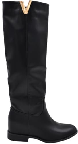 Stivali Donna Biker Nero Basic con Zeppa Interna 5 cm e Zip Laterale Scollo a V Moda Punta Rotonda (38 EU)