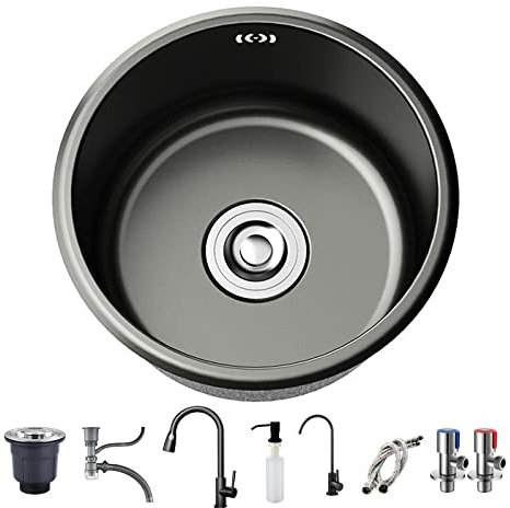 MYUYEE Éviers de Cuisine évier en Acier Inoxydable Noir évier Rond sous Plan avec Robinet évier Simple pour Bar Cuisine Balcon,D-40 * 40cm