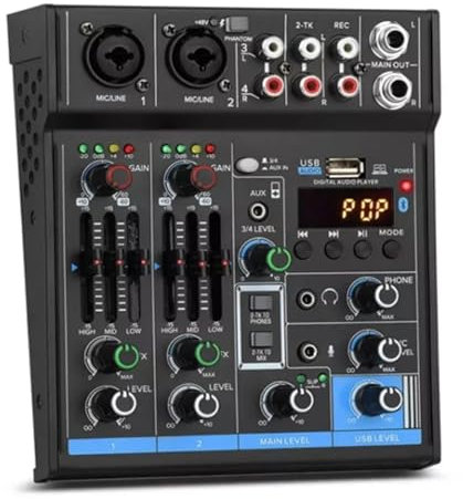 DIGNIFE Mixer per DJ, M4 4 canali Console di missaggio Bluetooth Registrazione Computer Riproduzione 48V Alimentazione Phantom Ritardo Ripetizione Effetto USB mixe